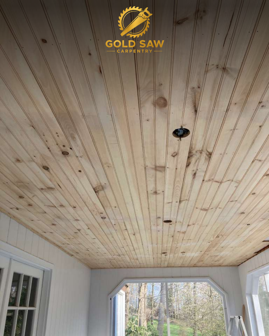 Wood plank ceiling and finish carpentry